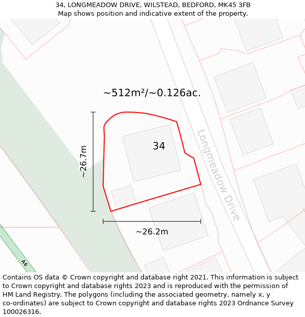 34, LONGMEADOW DRIVE, WILSTEAD, BEDFORD, MK45 3FB: Plot and title map