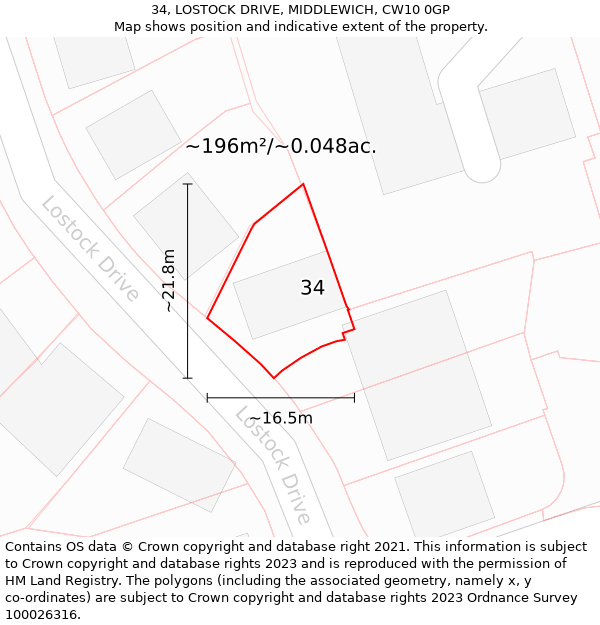 34, LOSTOCK DRIVE, MIDDLEWICH, CW10 0GP: Plot and title map