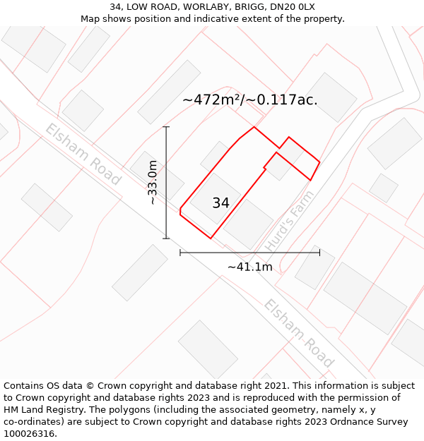 34, LOW ROAD, WORLABY, BRIGG, DN20 0LX: Plot and title map