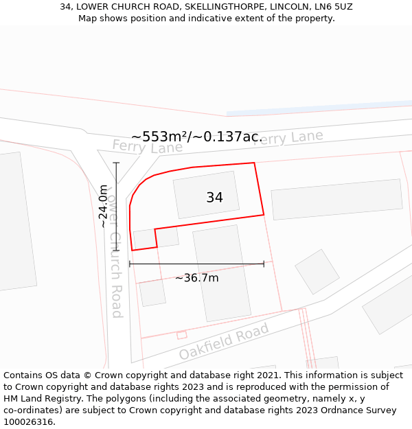 34, LOWER CHURCH ROAD, SKELLINGTHORPE, LINCOLN, LN6 5UZ: Plot and title map
