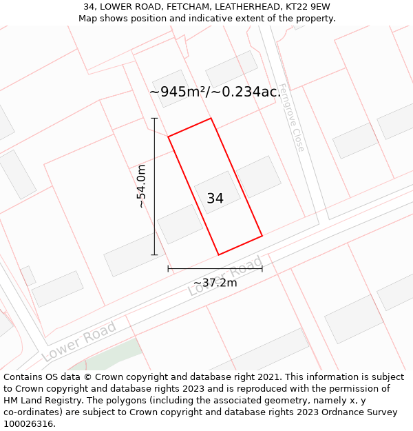 34, LOWER ROAD, FETCHAM, LEATHERHEAD, KT22 9EW: Plot and title map