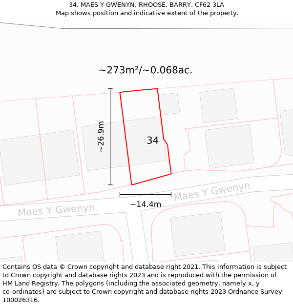 34, MAES Y GWENYN, RHOOSE, BARRY, CF62 3LA: Plot and title map