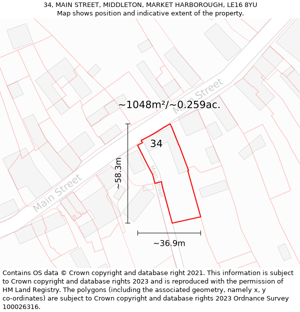 34, MAIN STREET, MIDDLETON, MARKET HARBOROUGH, LE16 8YU: Plot and title map