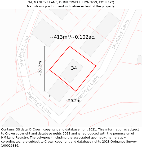 34, MANLEYS LANE, DUNKESWELL, HONITON, EX14 4XQ: Plot and title map