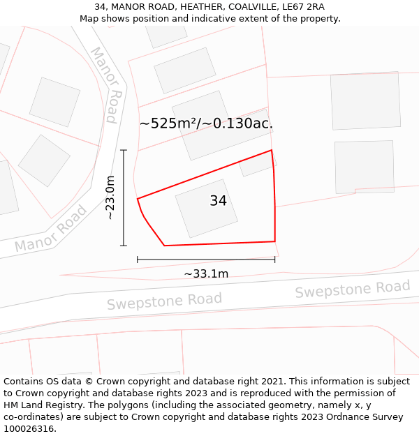 34, MANOR ROAD, HEATHER, COALVILLE, LE67 2RA: Plot and title map