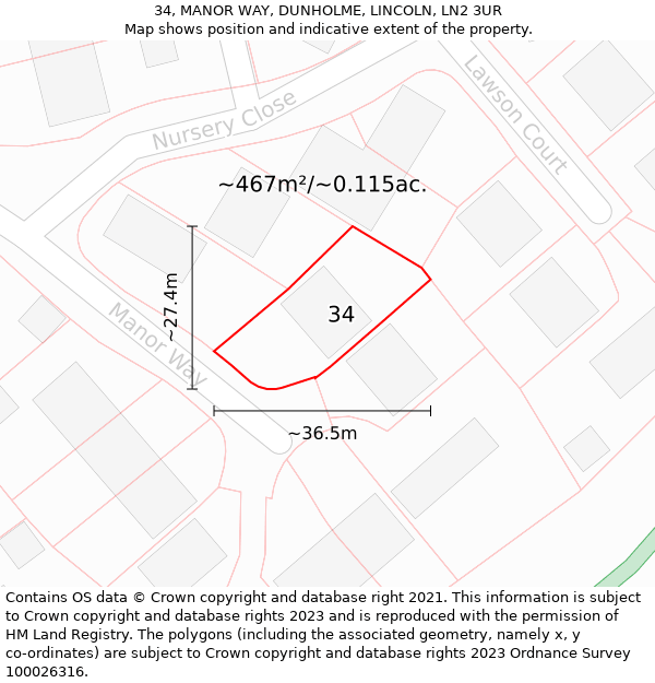 34, MANOR WAY, DUNHOLME, LINCOLN, LN2 3UR: Plot and title map