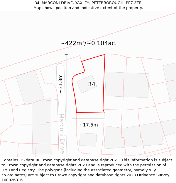 34, MARCONI DRIVE, YAXLEY, PETERBOROUGH, PE7 3ZR: Plot and title map