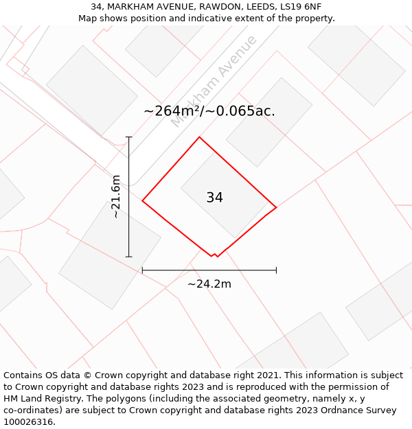 34, MARKHAM AVENUE, RAWDON, LEEDS, LS19 6NF: Plot and title map