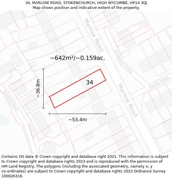 34, MARLOW ROAD, STOKENCHURCH, HIGH WYCOMBE, HP14 3QJ: Plot and title map