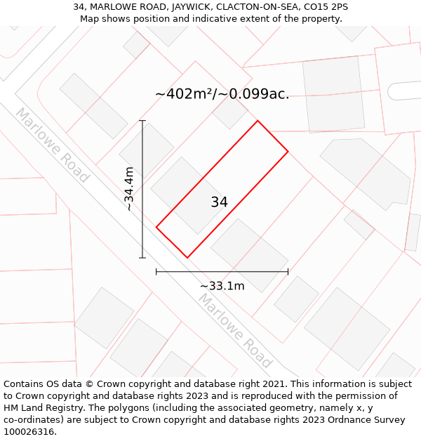 34, MARLOWE ROAD, JAYWICK, CLACTON-ON-SEA, CO15 2PS: Plot and title map