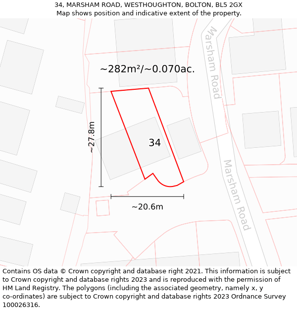 34, MARSHAM ROAD, WESTHOUGHTON, BOLTON, BL5 2GX: Plot and title map