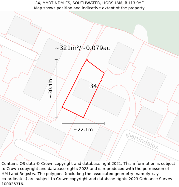 34, MARTINDALES, SOUTHWATER, HORSHAM, RH13 9AE: Plot and title map