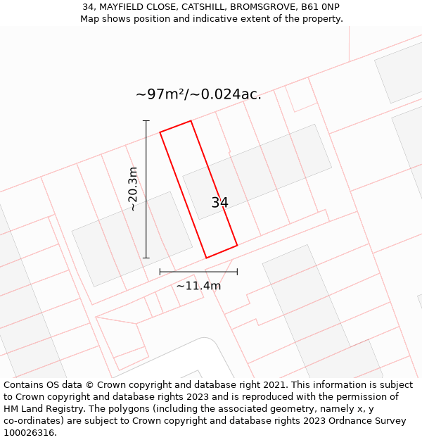 34, MAYFIELD CLOSE, CATSHILL, BROMSGROVE, B61 0NP: Plot and title map