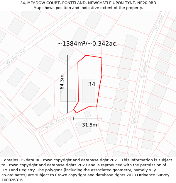 34, MEADOW COURT, PONTELAND, NEWCASTLE UPON TYNE, NE20 9RB: Plot and title map