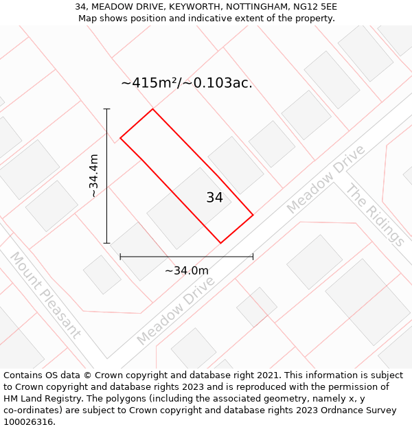 34, MEADOW DRIVE, KEYWORTH, NOTTINGHAM, NG12 5EE: Plot and title map