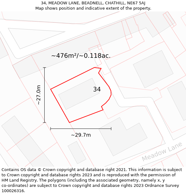 34, MEADOW LANE, BEADNELL, CHATHILL, NE67 5AJ: Plot and title map