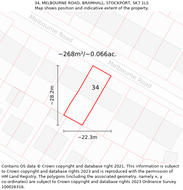 34, MELBOURNE ROAD, BRAMHALL, STOCKPORT, SK7 1LS: Plot and title map