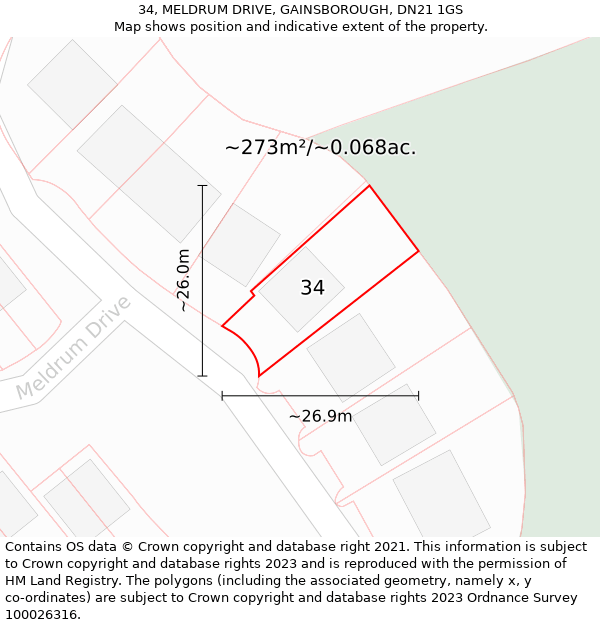 34, MELDRUM DRIVE, GAINSBOROUGH, DN21 1GS: Plot and title map