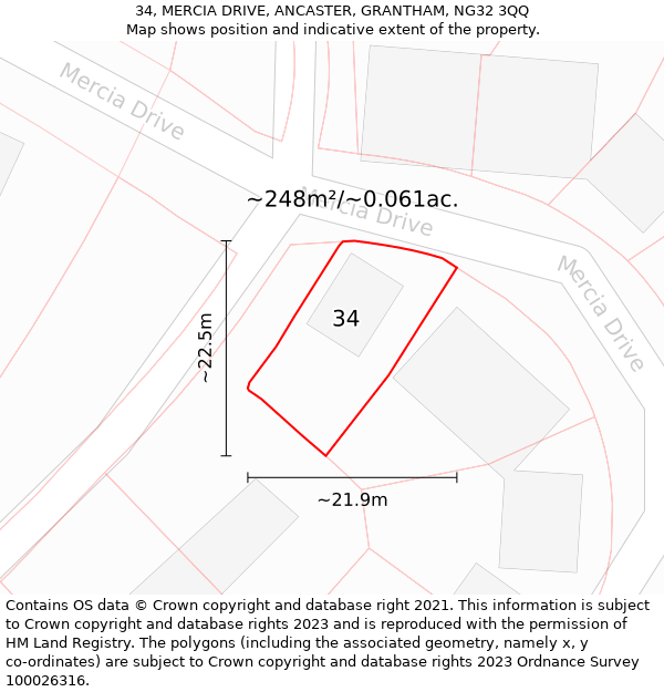 34, MERCIA DRIVE, ANCASTER, GRANTHAM, NG32 3QQ: Plot and title map