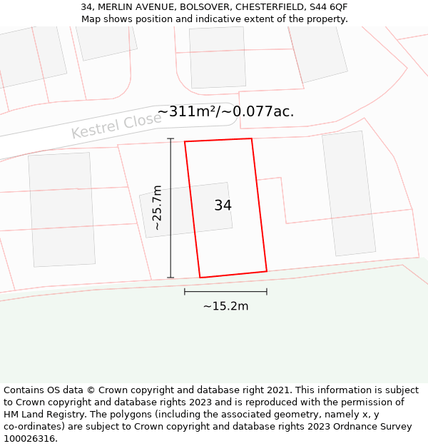 34, MERLIN AVENUE, BOLSOVER, CHESTERFIELD, S44 6QF: Plot and title map