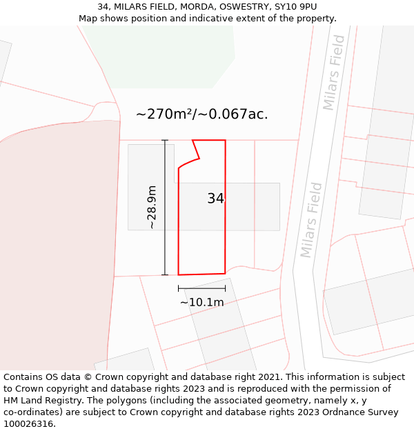 34, MILARS FIELD, MORDA, OSWESTRY, SY10 9PU: Plot and title map