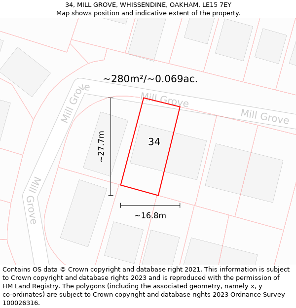 34, MILL GROVE, WHISSENDINE, OAKHAM, LE15 7EY: Plot and title map