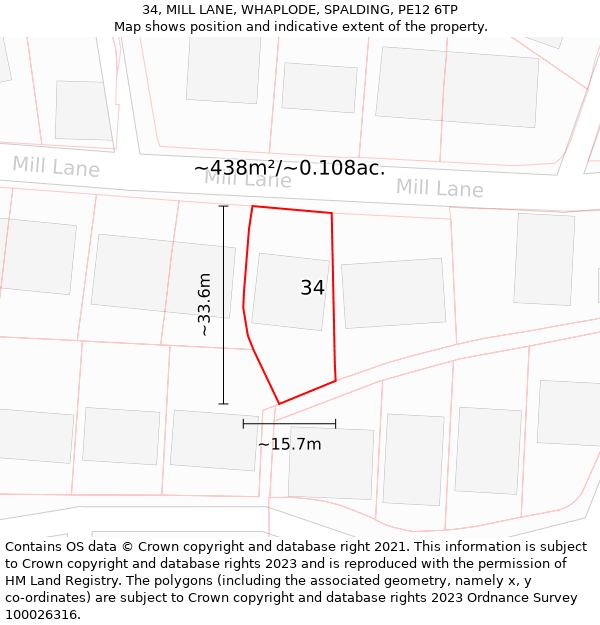 34, MILL LANE, WHAPLODE, SPALDING, PE12 6TP: Plot and title map