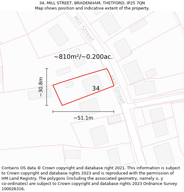 34, MILL STREET, BRADENHAM, THETFORD, IP25 7QN: Plot and title map