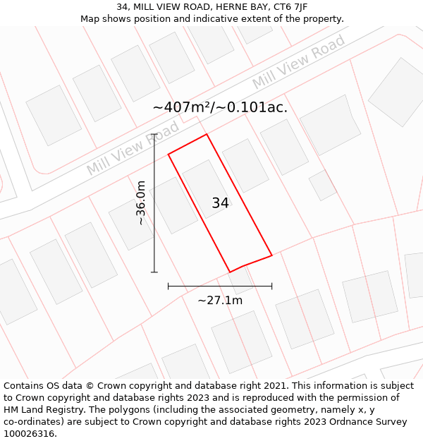 34, MILL VIEW ROAD, HERNE BAY, CT6 7JF: Plot and title map