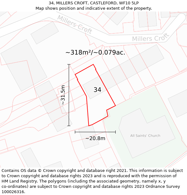 34, MILLERS CROFT, CASTLEFORD, WF10 5LP: Plot and title map