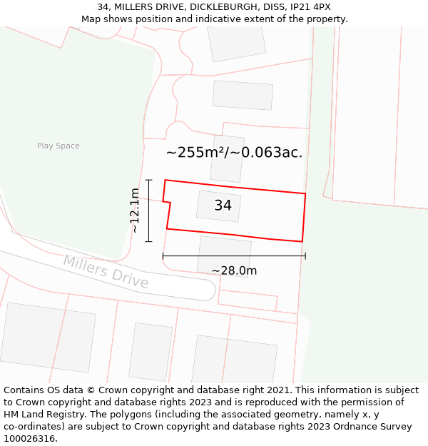 34, MILLERS DRIVE, DICKLEBURGH, DISS, IP21 4PX: Plot and title map