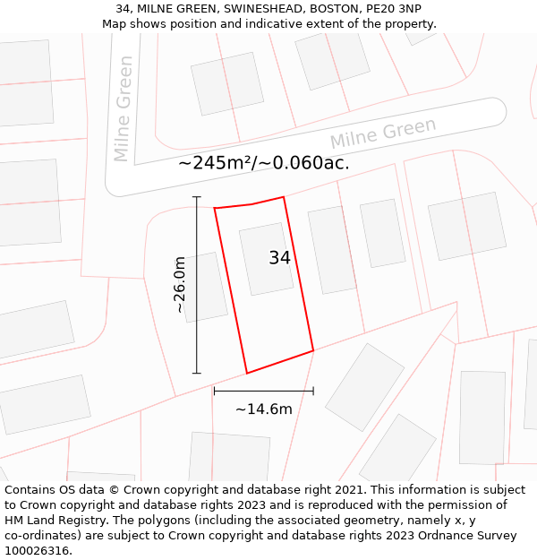 34, MILNE GREEN, SWINESHEAD, BOSTON, PE20 3NP: Plot and title map