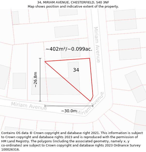 34, MIRIAM AVENUE, CHESTERFIELD, S40 3NF: Plot and title map