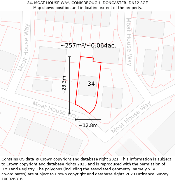 34, MOAT HOUSE WAY, CONISBROUGH, DONCASTER, DN12 3GE: Plot and title map