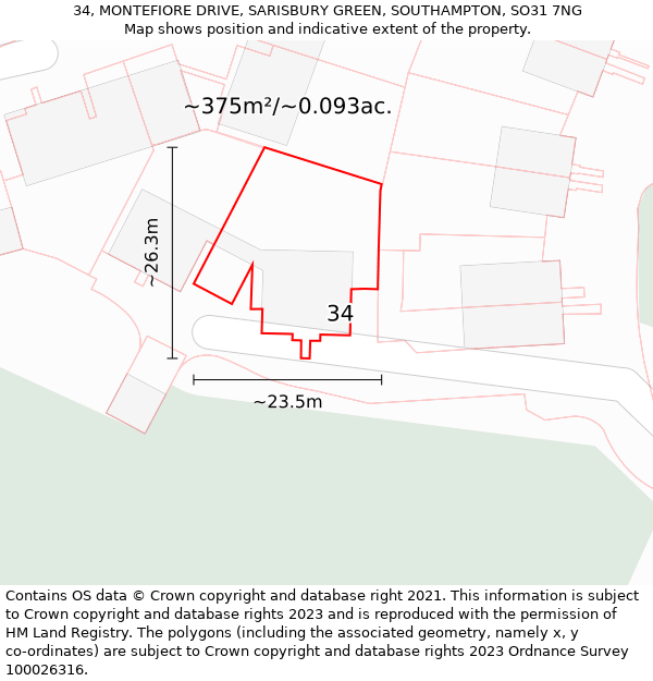 34, MONTEFIORE DRIVE, SARISBURY GREEN, SOUTHAMPTON, SO31 7NG: Plot and title map