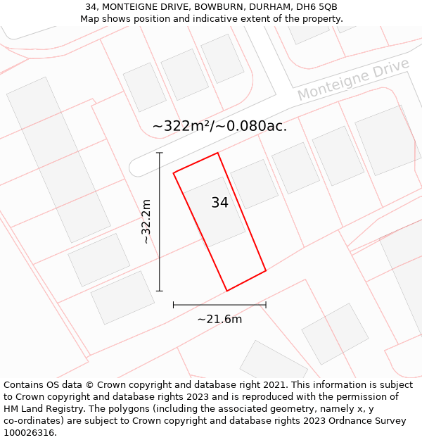 34, MONTEIGNE DRIVE, BOWBURN, DURHAM, DH6 5QB: Plot and title map