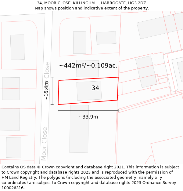 34, MOOR CLOSE, KILLINGHALL, HARROGATE, HG3 2DZ: Plot and title map