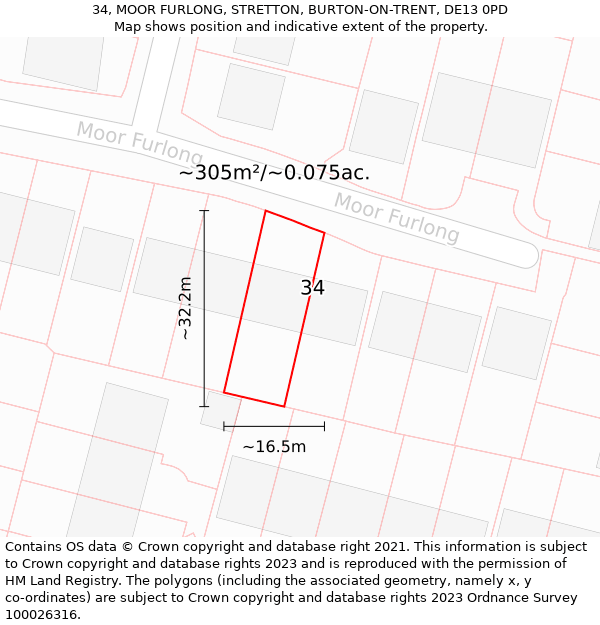 34, MOOR FURLONG, STRETTON, BURTON-ON-TRENT, DE13 0PD: Plot and title map