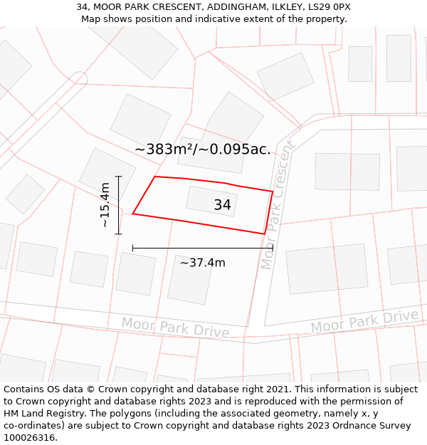 34, MOOR PARK CRESCENT, ADDINGHAM, ILKLEY, LS29 0PX: Plot and title map