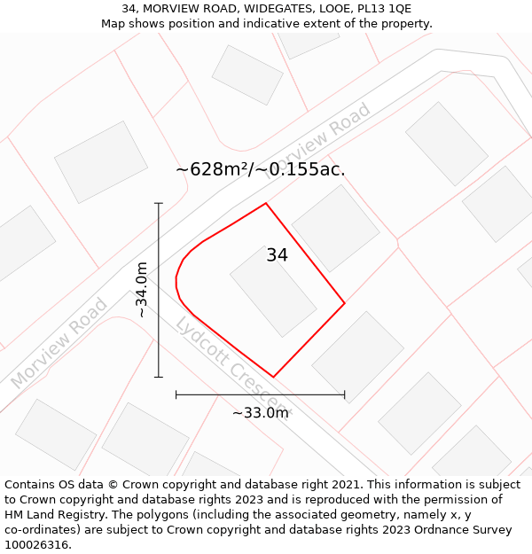 34, MORVIEW ROAD, WIDEGATES, LOOE, PL13 1QE: Plot and title map