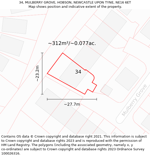 34, MULBERRY GROVE, HOBSON, NEWCASTLE UPON TYNE, NE16 6ET: Plot and title map