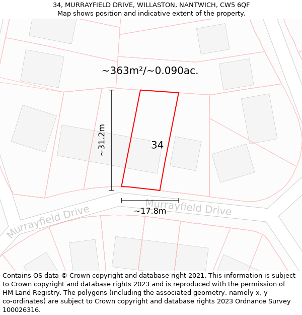 34, MURRAYFIELD DRIVE, WILLASTON, NANTWICH, CW5 6QF: Plot and title map