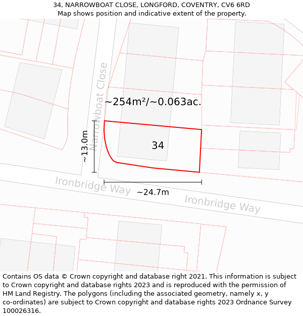 34, NARROWBOAT CLOSE, LONGFORD, COVENTRY, CV6 6RD: Plot and title map