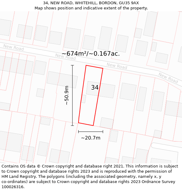 34, NEW ROAD, WHITEHILL, BORDON, GU35 9AX: Plot and title map