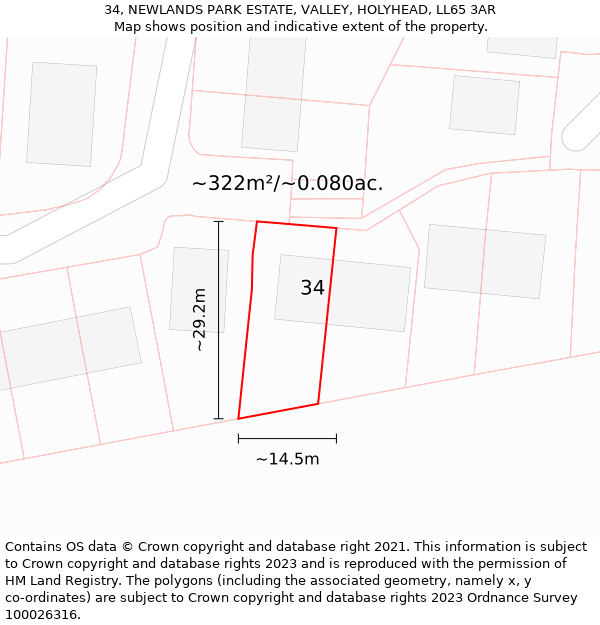 34, NEWLANDS PARK ESTATE, VALLEY, HOLYHEAD, LL65 3AR: Plot and title map