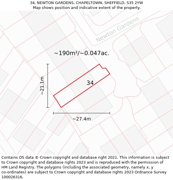 34, NEWTON GARDENS, CHAPELTOWN, SHEFFIELD, S35 2YW: Plot and title map