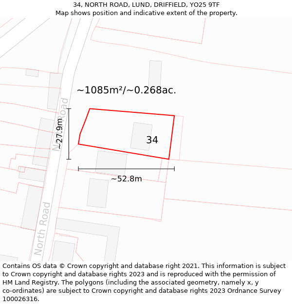 34, NORTH ROAD, LUND, DRIFFIELD, YO25 9TF: Plot and title map