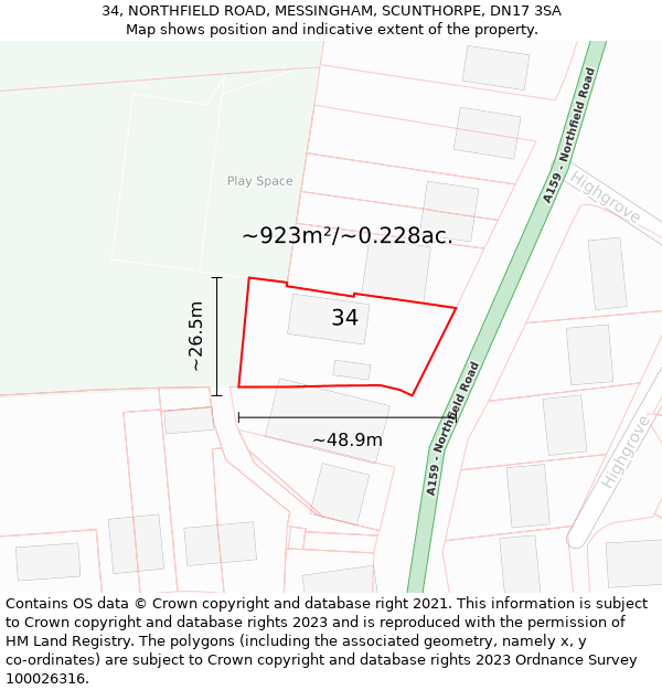 34, NORTHFIELD ROAD, MESSINGHAM, SCUNTHORPE, DN17 3SA: Plot and title map