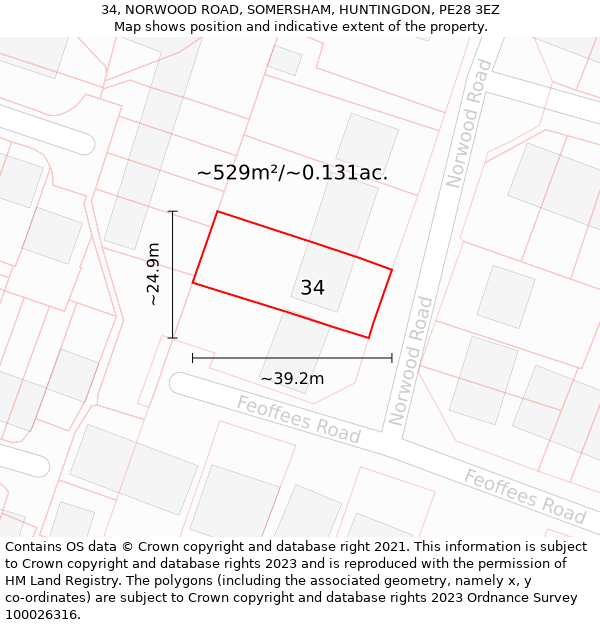 34, NORWOOD ROAD, SOMERSHAM, HUNTINGDON, PE28 3EZ: Plot and title map