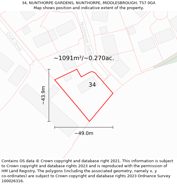 34, NUNTHORPE GARDENS, NUNTHORPE, MIDDLESBROUGH, TS7 0GA: Plot and title map